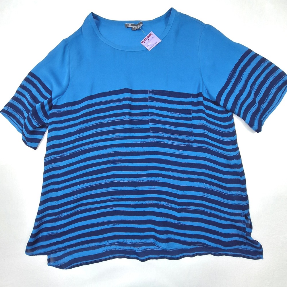 Vince Blouse Womens Large Blue Striped Colorblock 100% Silk Short Sleeve Top